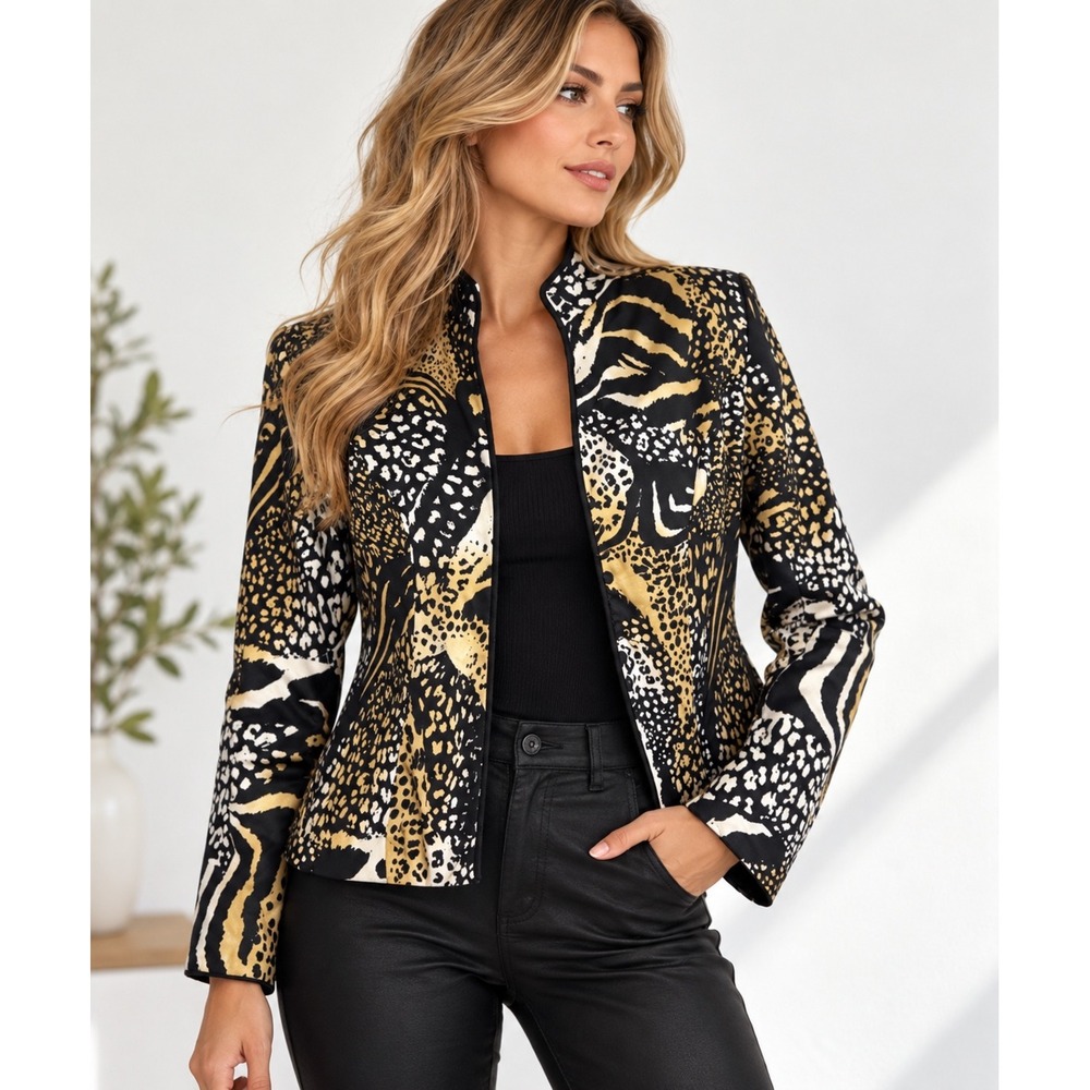 JS Collections 100% Silk Jacket Women's Size 4 Animal Print Leopard Zebra Y2K